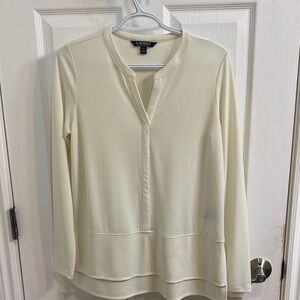 Lauren Ralph Lauren Cream Tunic Shirt Layered Hem V Neck Women’s Medium Petite